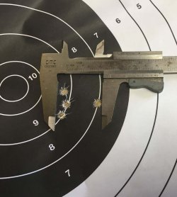 Browning Mk3 Reflex HC in .30-06 caliber Group at 50 meters with 180-grain Winchester Extreme Point cartridges and Browning Mk3 Reflex HC