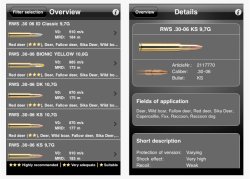 Detailed screenshot of the RWS Hunt Ammunition app for iPhone/iPad