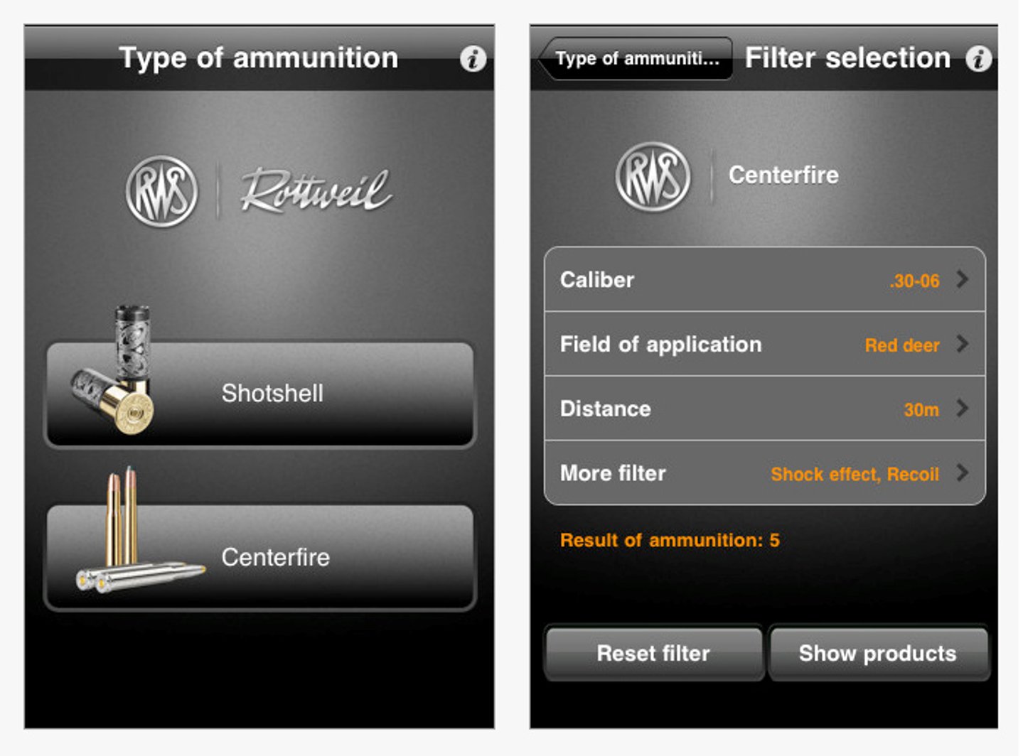 Screenshot of the RWS Hunt Ammunition app for iPhone/iPad 
