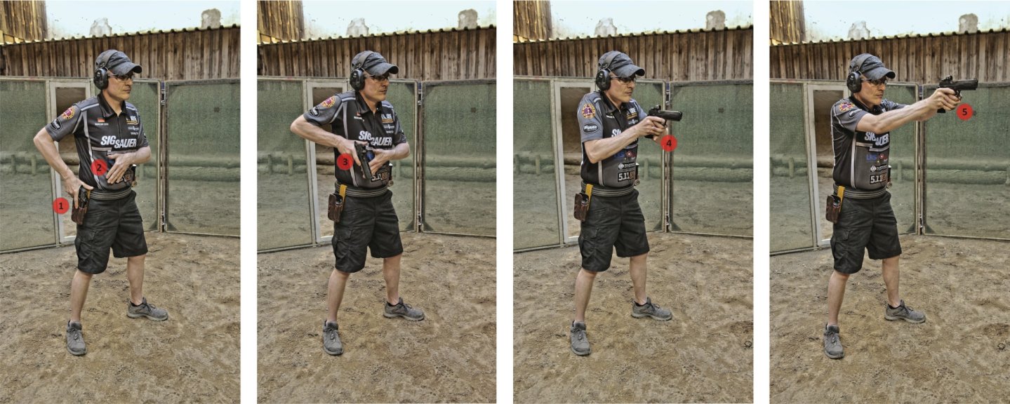 Dynamic handgun shooting and IPSC shooting techniques: the draw  Image sequence of the draw process
