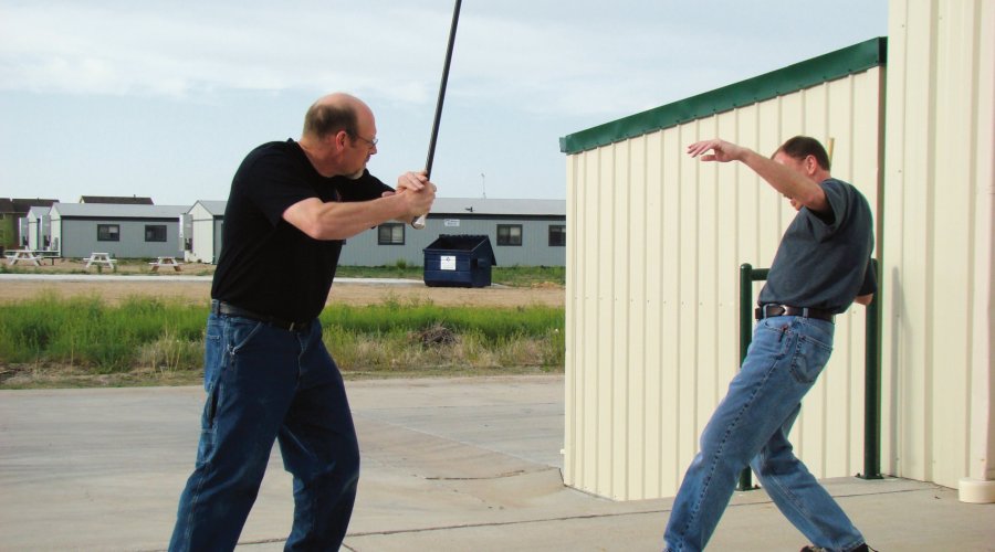 Defense techniques with the walking stick: low blow