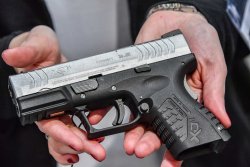 New products from GSG Premium Brands at the IWA OutdoorClassics 2019 Springfield XDM Compact bicolor in left side view.