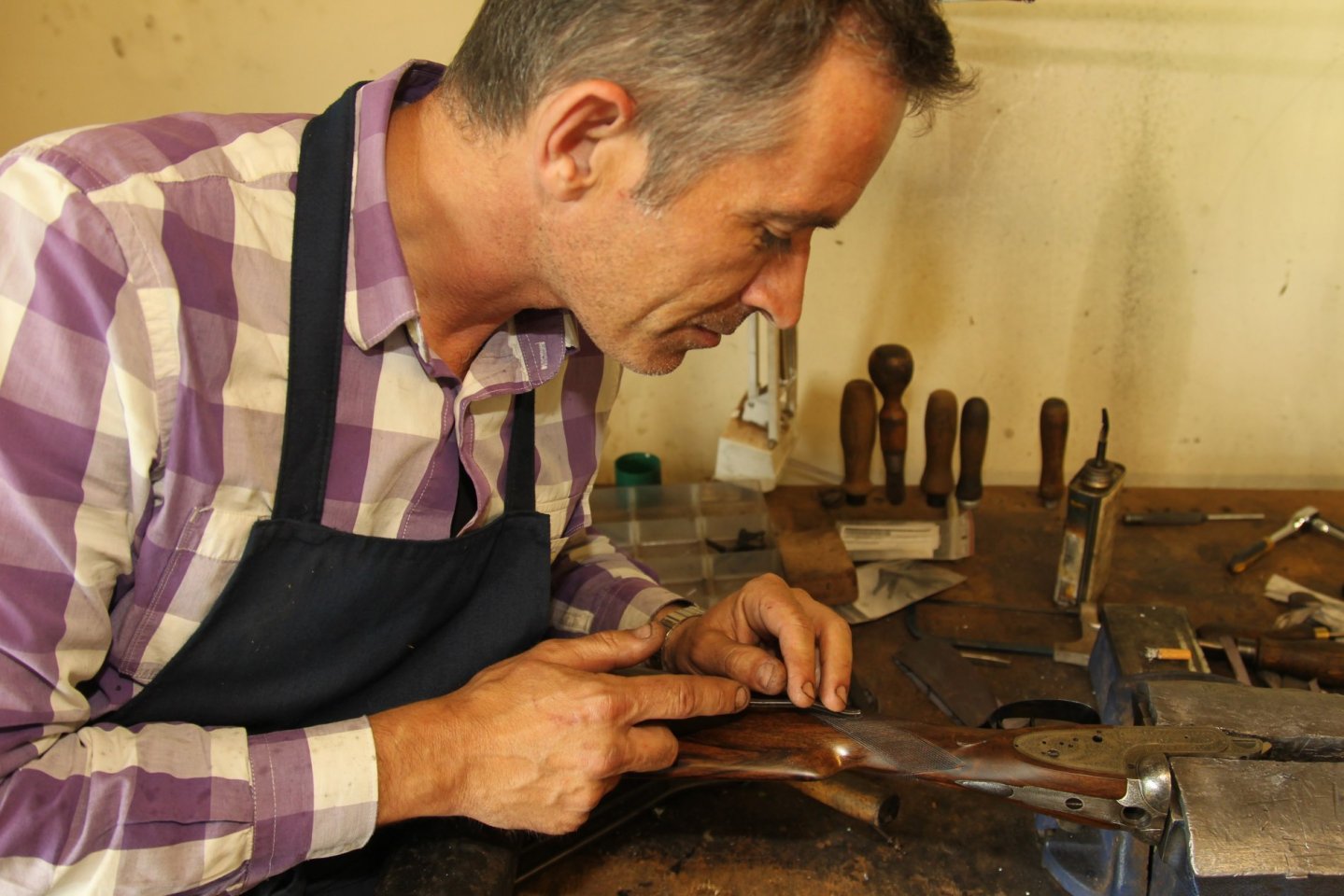 Gun fit with shotgun coach Iain MacGregor and Linda Mellor Gunsmith Andy Coull at work on shotgun