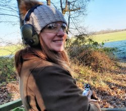 Lady shooter Ruth Shelley Ruth Shelley during clay shooting