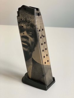 Lesoltac, laser engraving for your guns Pulp Fiction engraving on a magazine