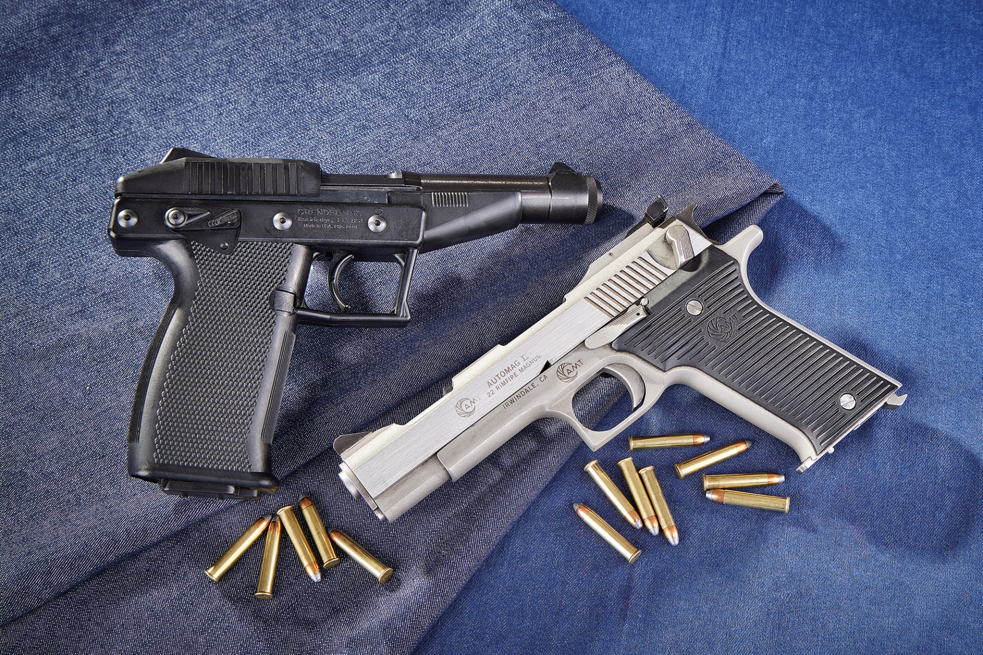 pistols: .22 Winchester Magnum Rimfire pistols: the AMT AutoMag II and Grendel P30 “mini Magnums” 