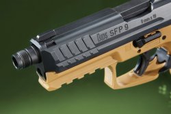 The front sight and muzzle of the Heckler & Koch SFP9 SD in 9 mm Luger