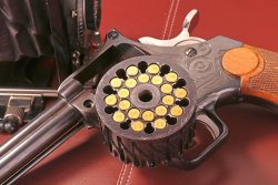 A piece of firearms history under test: the double-barrel Merz revolver with 20-round cylinder Merz revolver fully loaded with 20 cartridges