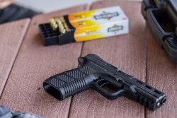 Armscor STK 100, a full-metal 9mm striker-fired pistol The aluminum grip of the Armscor STK100