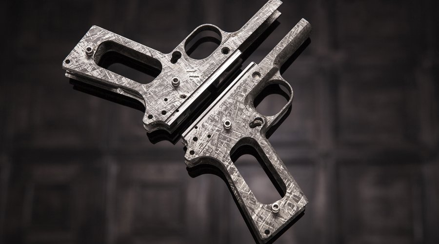 Frames of the Cabot Guns Big Bang pistols set machined out of meteorite