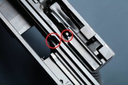 New subcompact pistol under test: The CZ P-10 Micro in 9mm Luger caliber Inside slide stop of the P-10 M.