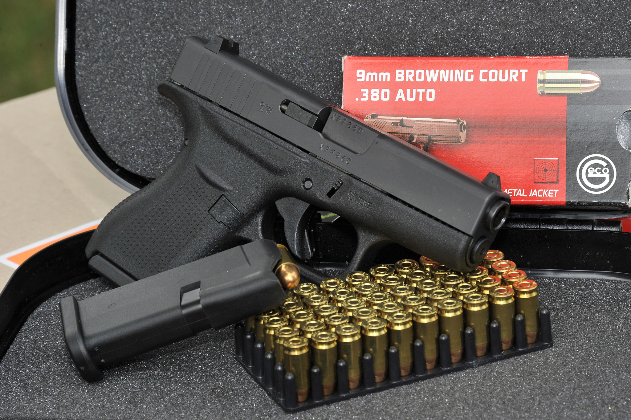 The Glock 42 .380 ACP or 9 mm Short, specifically designed as a concealed d...