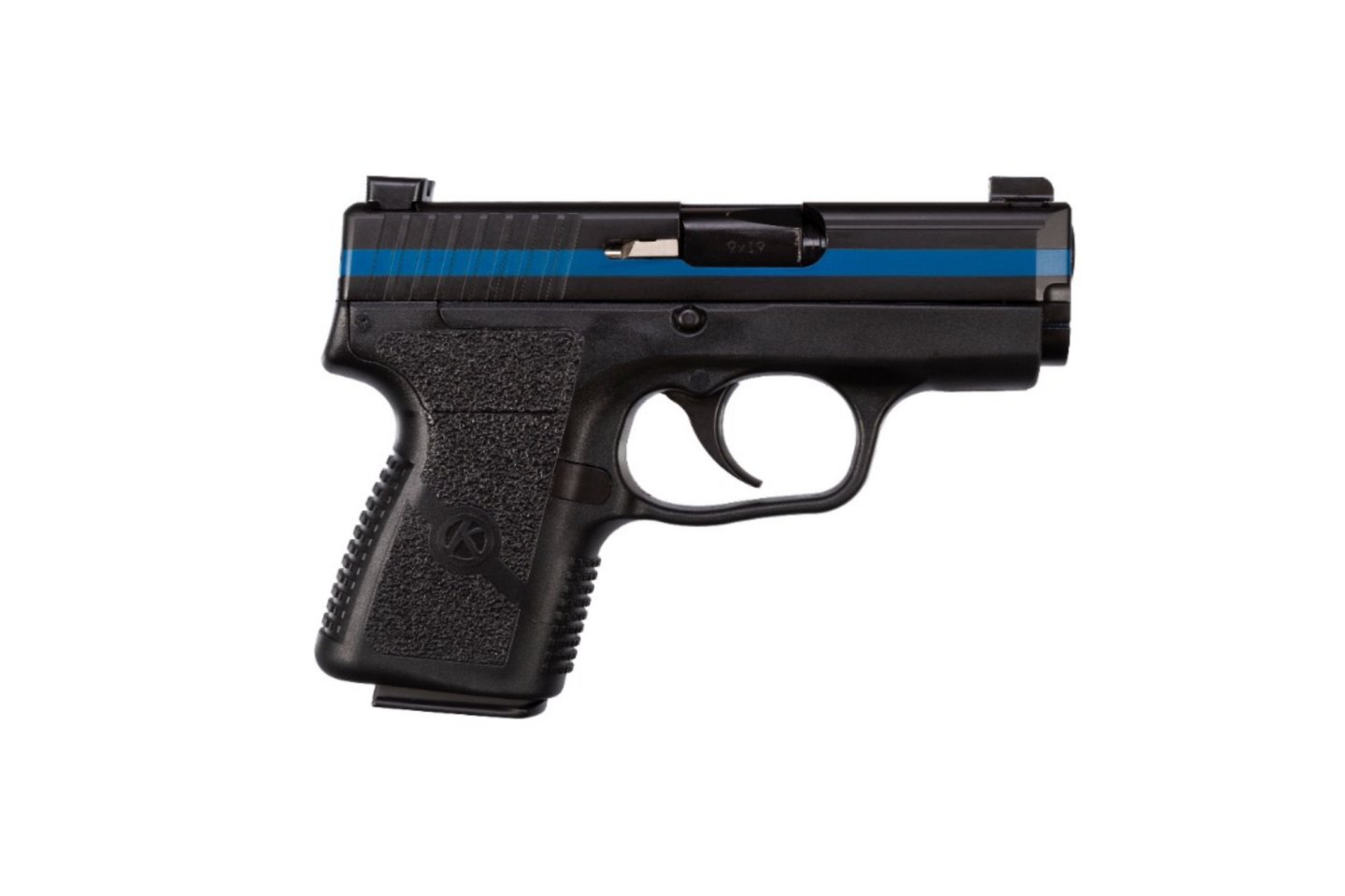 Kahr Arms PM9  "Thin Blue Line", to honor those in blue The Kahr Arms PM9  "Thin Blue Line" pistol, right side