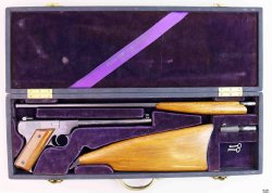 The extravagant interchangeable barrel, manually-operated Fiala Arms repeating pistol The case contains the Fiala Arms pistol