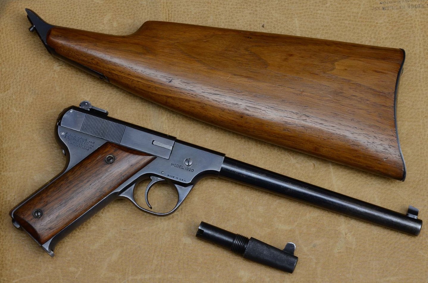 The extravagant interchangeable barrel, manually-operated Fiala Arms repeating pistol The Fiala Arms .22 LR pistol with the 7.5-inch barrel fitted