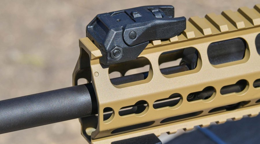 The CR223 rifle is fitted with a set of rear sights