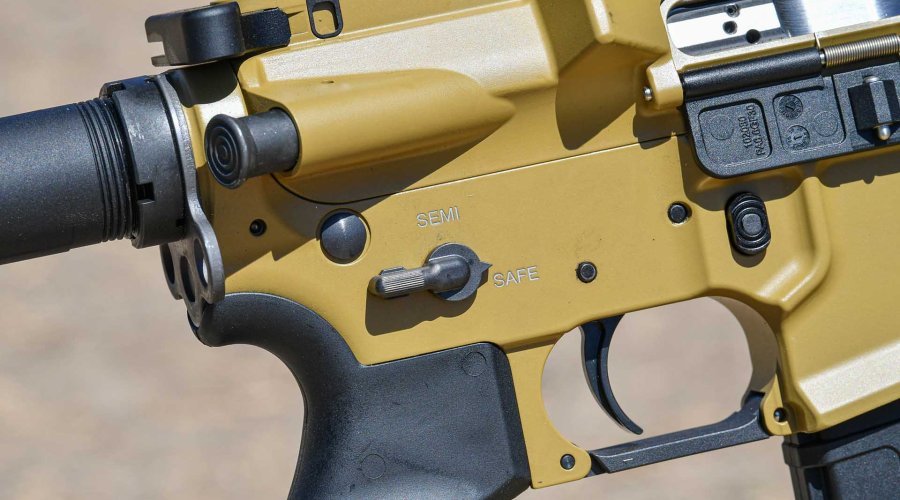 Detail of the ambidextrous safety lever of the Haenel CR-223 semiauto carbine