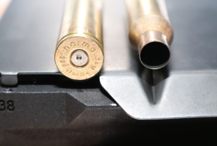 Albert Arms ALR semi-automatic long range rifle in .338 Norma Magnum under test Head markings on a .338 Norma Magnum caliber cartridge case fired with the Albert Arms ALR.