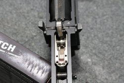 Albert Arms ALR semi-automatic long range rifle in .338 Norma Magnum under test Aluminum housing of the trigger unit of the ALR in detail.