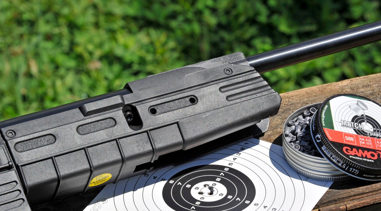 La rosata ottenuta alla distanza di dieci metri con pallini Gamo Match da 0,49 grammi e un'ottica Gamo Matrik 3-9x con reticolo tipo Mil Dot montato su una slitta RRR (Recoil Reducing Rail)