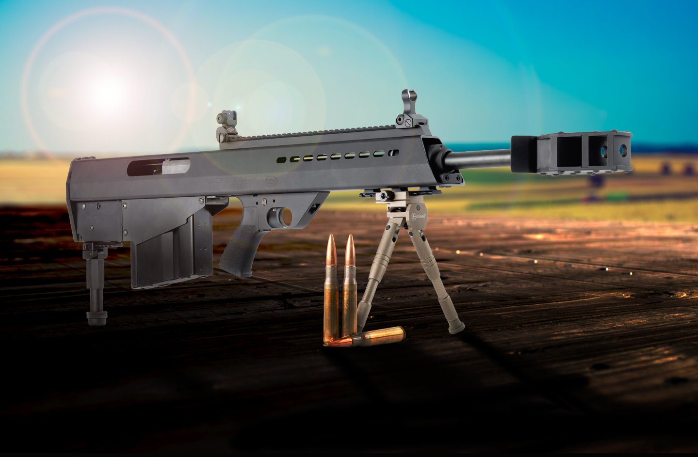 The Leader 50 A1 long-range rifle wins the 2016 Blue Book of Gun Values award Leader 50 A1 bull-pup semi-automatic long-range rifle, seen with ammunition