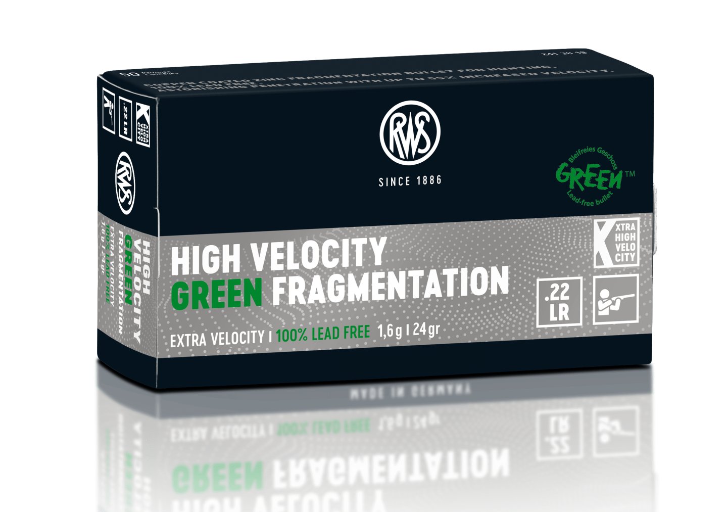Cartucce a percussione anulare senza piombo .22 LR di RWS High Velocity Green e HV Green Fragmentation per la caccia e il tiro informale Confezione cartucce a percussione anulare senza piombo .22 LR di RWS  HV Green Fragmentation