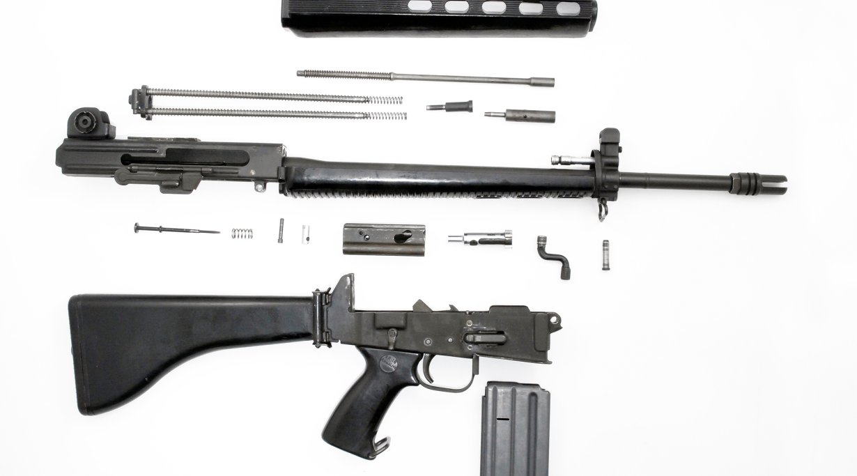 L'arma in smontaggio da campagna. La coppia di molle di recupero gemelle rende inutile il tubo per la molla di recupero, un difetto sostanziale dell'AR-15.