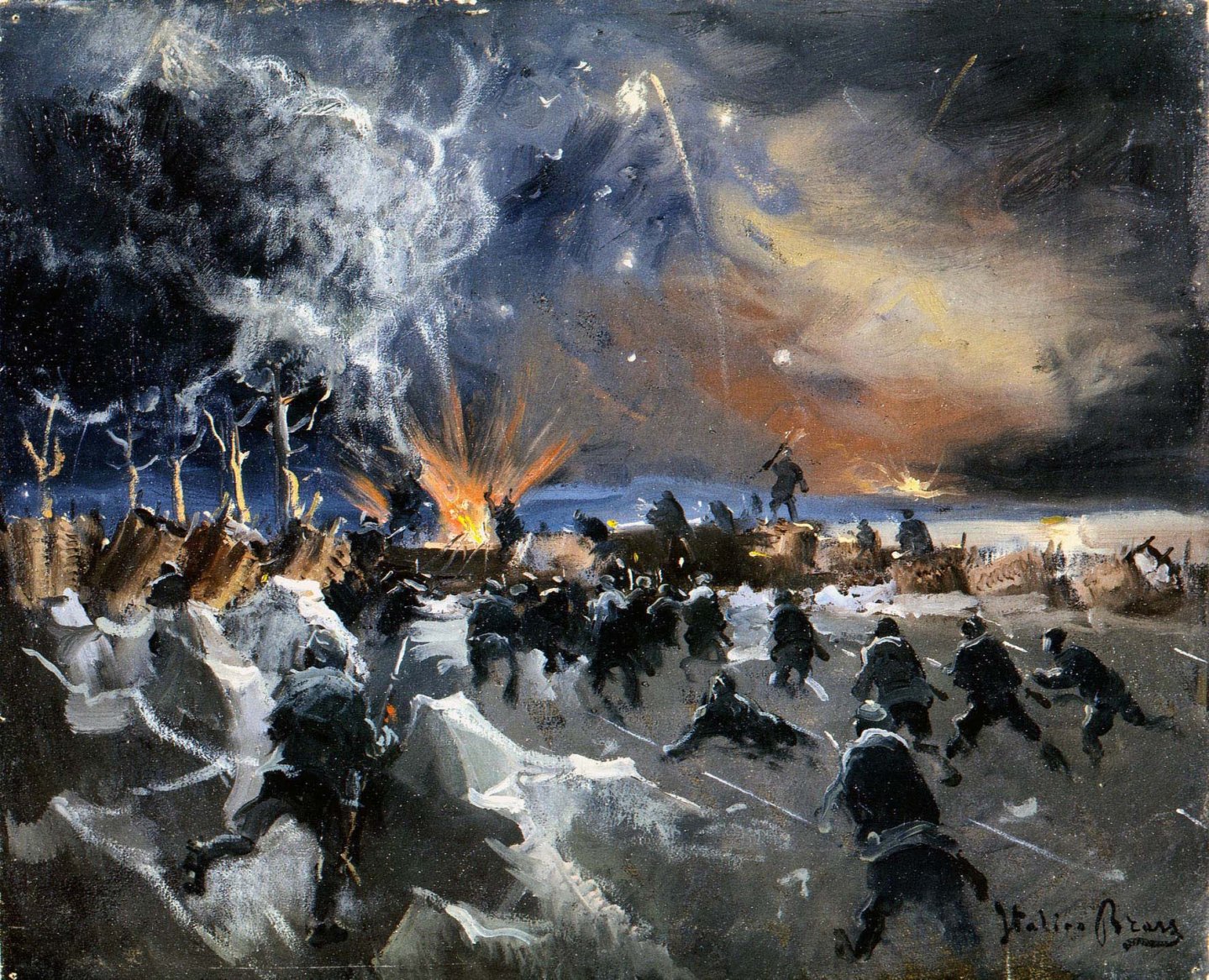 La Grande Guerra: i racconti pittorici di Italico Brass in mostra a Milano Dipinto di Italico Brass "Assalto di notte presso Monfalcone"