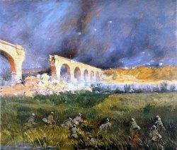 La Grande Guerra: i racconti pittorici di Italico Brass in mostra a Milano Dipinto Italico Brass Ponte Peuma bombardato