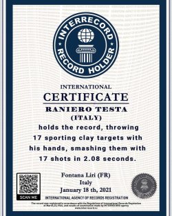 Nuovo record per Raniero Testa Certificato del nuovo record battuto da Raniero Testa