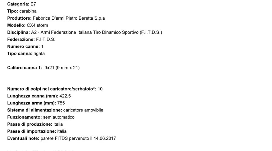 Scheda della Beretta CX4 Storm qualificata come arma sportiva