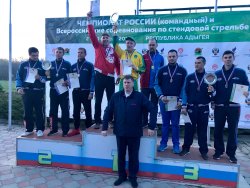 Чемпионат России (командный) по стендовой стрельбе 2018 в ССК "Дубрава" Подиум Командного ЧР 2018 трап мужчины: Липецк 1, Краснодарский край 1, Липецк 2