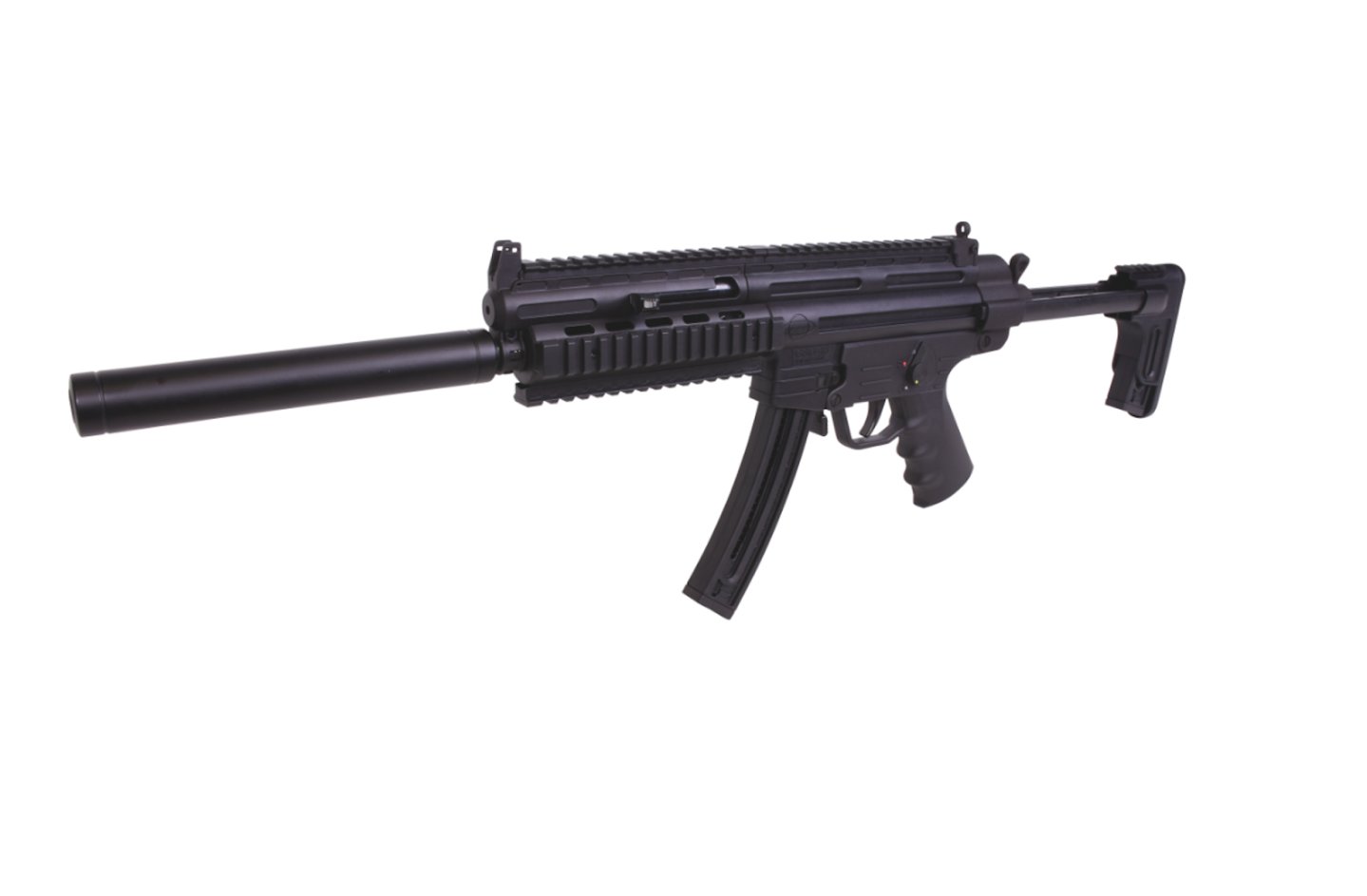 Новинка в малокалиберном сегменте: самозарядный карабин GSG-16 Самозарядная реплика пистолет-пулемета MP5 калибра .22 LR, вид слева